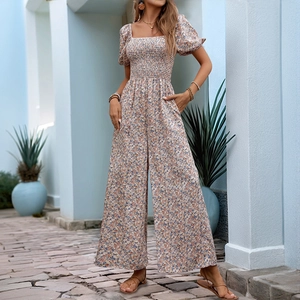 Women Floral Print Jumpsuit Square Neck Puff Sleeve Smocked Wide Leg Long Pants Summer Casual Vacation Jumpsuit For Women