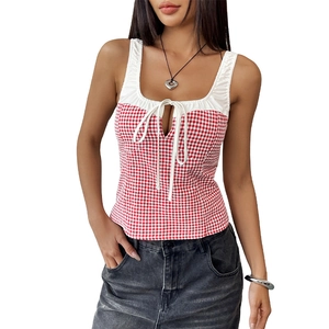Slim fit red and white gingham crop top with tie-knot hollow out front and ruffle trim
