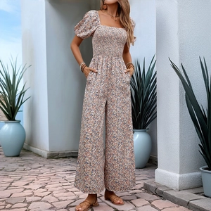 Floral square neck jumpsuit with puff sleeves and wide legs for summer vacation look