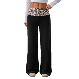 Pantalon chic à jambes larges noir avec taille haute et motif léopard élégant