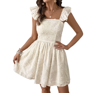 White flutter sleeve mini dress with square neck and hollow back textured fabric