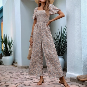 Floral square neck jumpsuit with puff sleeves and smocked bodice for summer vacation