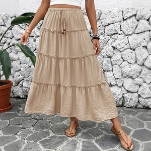 Women Bohemian Khaki Tiered Maxi Skirt Elastic Waist Drawstring Wood Beads Casual A-Line Cake Skirt Vacation Beachwear