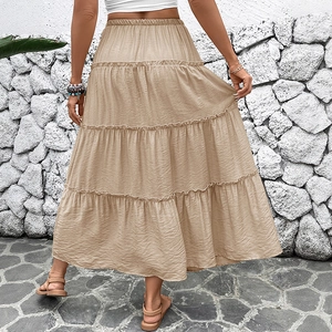 Women's khaki tiered maxi skirt with elastic high waist and bohemian flowy layers