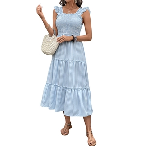 Blue striped summer midi dress with ruffled straps and smocked bodice for women