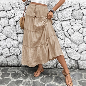 Khaki bohemian tiered maxi skirt with elastic drawstring waist and ruffled layers