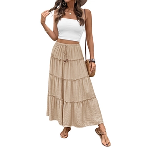 Bohemian khaki tiered maxi skirt with elastic drawstring waist and textured fabric