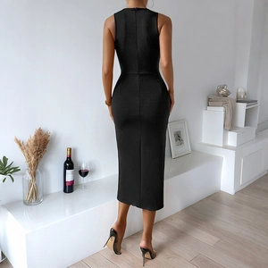 Elegant sleeveless black lace sheath dress with back zipper and side slit for women