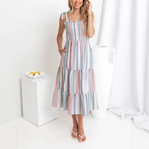 Women's Summer Bohemian Rainbow Striped Midi Dress Smocked Tiered Cake Skirt Tie Strap Sleeveless Casual Beach Sundress