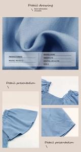 Vues détaillées de la robe bleue à épaules dénudées avec smocks et manches à volants