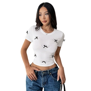 Slim fit white summer t-shirt with heart patterns and black bows for women