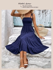 Detail of navy blue tiered sundress with smocked bodice and adjustable straps