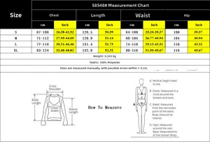 Size chart for floral off-shoulder jumpsuit with detailed chest and length measurements