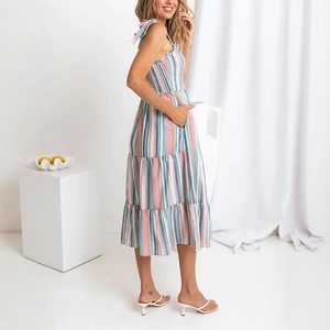 Rainbow striped tiered midi dress with smocked bodice and adjustable tie straps