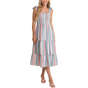 Rainbow striped summer sundress with smocked bodice and tiered A-line skirt