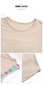 Detail of round neckline and colorful crochet floral hem on beige sleeveless knit top