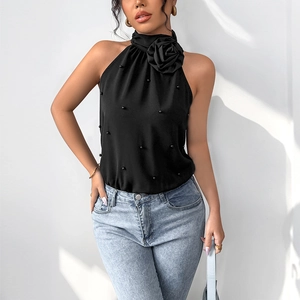 Body noir licou pour femme avec fleur 3D et perles décoratives pour mode estivale