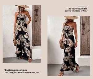 Detail of floral strapless wide-leg jumpsuit with waist tie for summer vacation wear