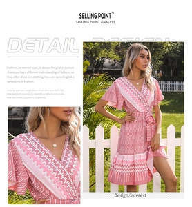Detail view of pink printed wrap dress featuring a V-neck and white geometric pattern