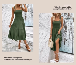Detail of olive green smocked tiered dress with adjustable tie straps for summer