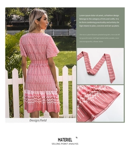 Detail showing pink floral print fabric texture and waist tie on v-neck summer dress
