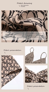 Detail of knot neckline and black leaf print on khaki summer backless dress