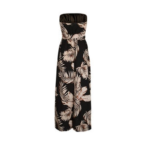 Detail of strapless tropical palm leaf print jumpsuit with wide-leg cut and back zipper