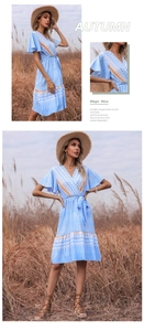 Close-up of V-neck wrap dress with ethnic geometric print and flutter sleeves