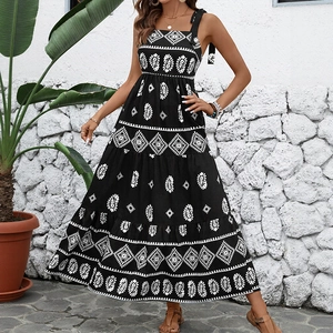 Robe Maxi Bohème Ethnique Motif Paisley Femme Sans Manches Bretelles à Nouer Ourlet à Étages Trapèze Vacances Été