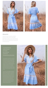 Detail of light blue floral summer dress featuring V-neckline and ruffled short sleeves