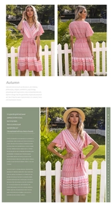 Detailed close-up of V-neck floral wrap dress with flared sleeves and boho geometric print