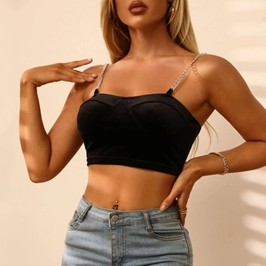 Damen Sexy Schwarz Rückenfrei Crop Top Ärmellos Metallkette Träger Cami Tanktop Für Sommer Club Party Streetwear Slim Fit
