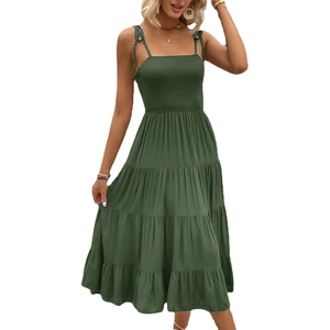 Smocked dark green tiered summer midi dress with adjustable bow shoulder straps