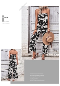 Detail of floral strapless wide-leg jumpsuit with black and white botanical pattern