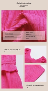 Detail view of pink textured fabric with ruffled waist and模特 sizing info