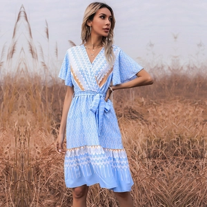 Sky blue V-neck floral summer dress with ruffles and geometric print for holiday