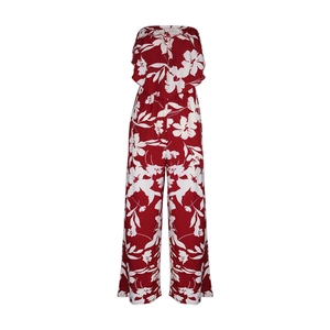 Detail view of the floral off-shoulder jumpsuit with ruffled neckline and wide leg fit