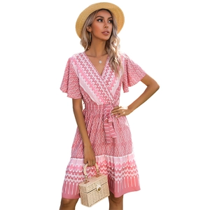 Pink bohemian V-neck dress with ruffle sleeves and geometric print for summer vacation