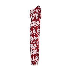 Detail of red floral off-the-shoulder jumpsuit with ruffled neckline and wide legs