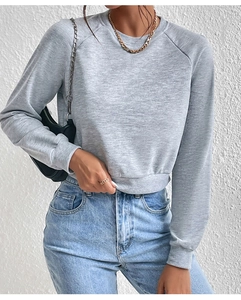 Detail of light gray crewneck cropped sweatshirt with drop shoulders and heather texture