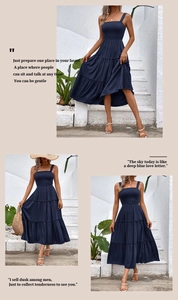 Détails de la robe à volants bleu marine avec buste froncé et décolleté carré