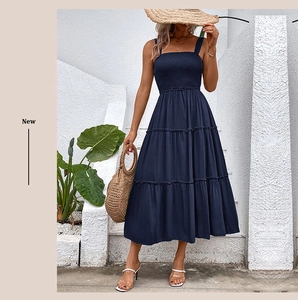 Détail de robe smockée bleu marine avec jupe à volants et décolleté carré sans manches