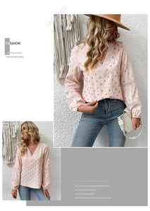 Detail of V-neck lace patchwork and gold polka dot pattern on long sleeve pink chiffon blouse