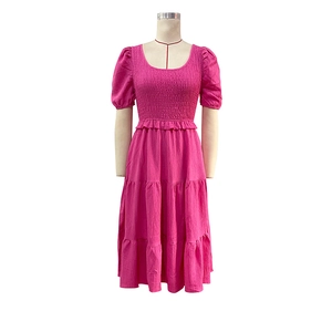 Detail of square neck and smocked bodice on tiered fuchsia midi dress with puff sleeves