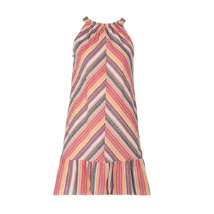 Summer sleeveless halter neck dress featuring colorful striped pattern and ruffled hemline