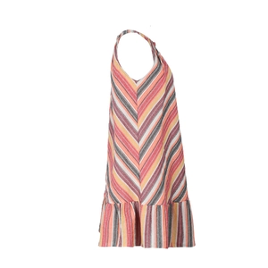 Detail of colorful striped halter dress with v-neck and ruffled hemline for summer
