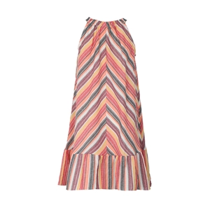 Detail of colorful V-shaped stripes and ruffled hem on a halter maxi dress