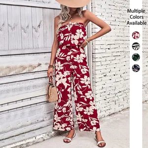 Combinaison Femme Été Sans Bretelles Imprimé Floral Jambe Large Boho Plage Sans Manches Volants Casual Combinaison