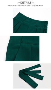 Detailed views of dark green trousers showing waist pleats, side stitching and belt