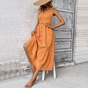 Leuchtend oranges ärmelloses V-Ausschnitt Maxikleid mit Knöpfen und Rüschensaum